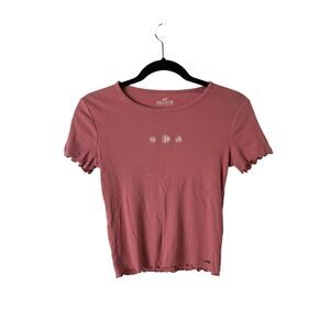 Hollister Pink Lettuce Hem Daisy Embroidered Crop Top